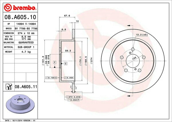brembo BRAKE DISC スバル レガシィセダン/レガシィB4 BL5 2003/06〜2009/05 リア左右セット 08.A605.10