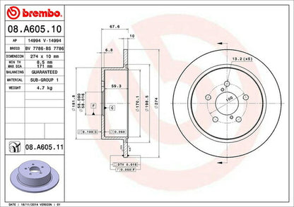 brembo BRAKE DISC スバル レガシィセダン/レガシィB4 BL5 2003/06〜2009/05 リア左右セット 08.A605.10