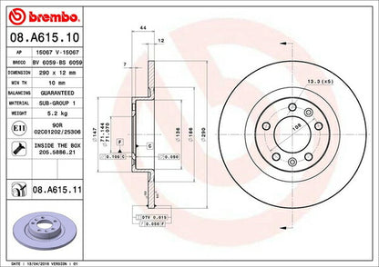 brembo BRAKE DISC PEUGEOT 508/508 SW W25F02/W2W5F02 2011/07〜2014/12 リア左右セット 08.A615.11