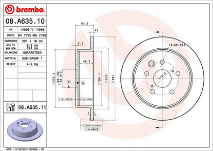 brembo BRAKE DISC トヨタ クラウンロイヤル GRS200/GRS201 2008/02〜2012/12 リア左右セット 08.A635.11