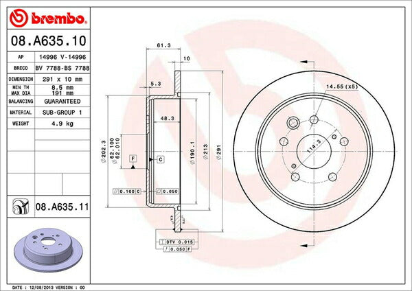 brembo BRAKE DISC トヨタ マークX GRX120/GRX121 2004/11〜2009/10 リア左右セット 08.A635.11