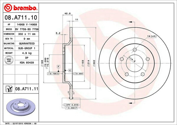 brembo BRAKE DISC マツダ プレマシー CR3W 2005/02〜2010/07 リア左右セット 08.A711.10