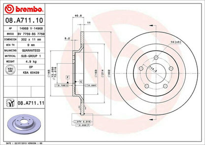 brembo BRAKE DISC マツダ プレマシー CR3W 2005/02〜2010/07 リア左右セット 08.A711.10