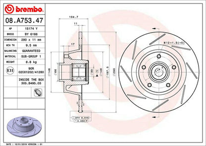 brembo BRAKE DISC RENAULT メガーヌIII DZF4R 2011/02〜 リア左右セット 08.A753.47