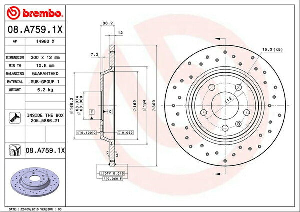 brembo XTRA BRAKE DISC AUDI Q5 8RCALF 2011/07〜2012/11 リア左右セット 08.A759.1X