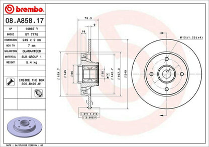 brembo BRAKE DISC PEUGEOT 308 T75FW/T75F01 2008/06〜2014/11 リア左右セット 08.A858.17