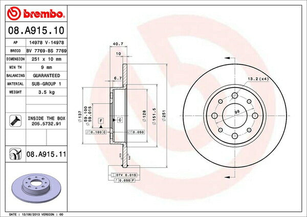 brembo BRAKE DISC ALFA ROMEO ミト 955141 2009/05〜 リア左右セット 08.A915.11