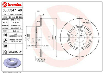 brembo BRAKE DISC MERCEDES BENZ Bクラス W246 246242 2012/04〜2017/06 リア左右セット 08.B347.41