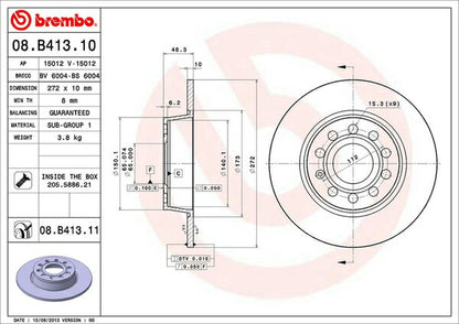 brembo BRAKE DISC VOLKSWAGEN ゴルフVI 1KCAX/1KCAV/1KCTH 2009/11〜2013/04 リア左右セット 08.B413.11