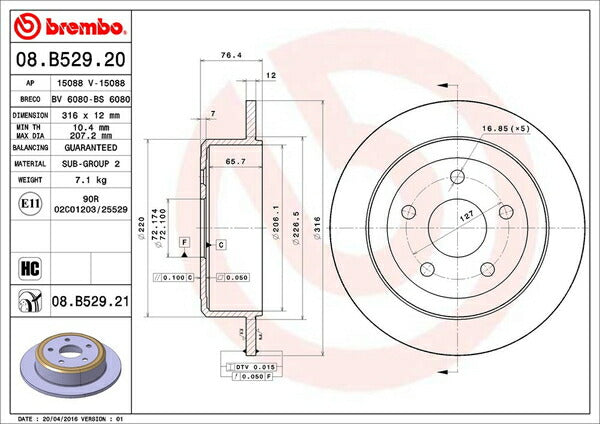 brembo BRAKE DISC JEEP ラングラー JK38S/JK38L/JK36S/JK36L 2007/03〜 リア左右セット 08.B529.21
