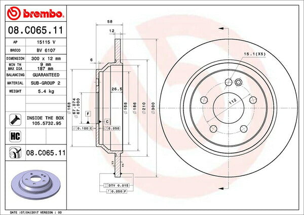 brembo BRAKE DISC MERCEDES BENZ W447 447813 2018/10〜 リア左右セット 08.C065.11