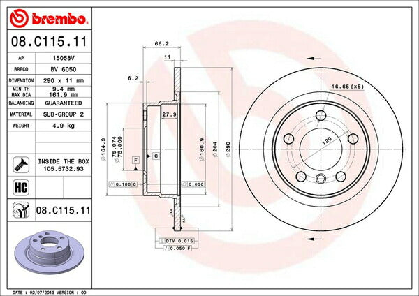 brembo BRAKE DISC BMW 1シリーズ F20 1A16 2011/10〜2012/03 リア左右セット 08.C115.11