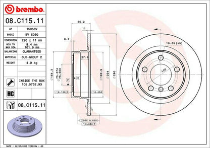 brembo BRAKE DISC BMW 1シリーズ F20 1A16 2011/10〜2012/03 リア左右セット 08.C115.11