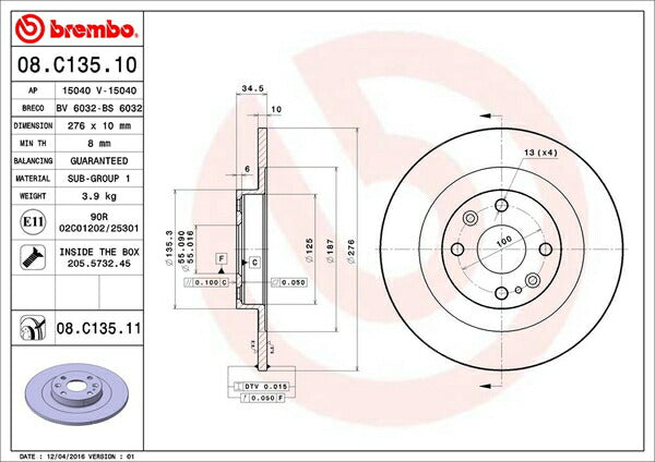 brembo BRAKE DISC マツダ ロードスター/ユーノスロードスター NB6C 2000/06〜2005/06 リア左右セット 08.C135.11