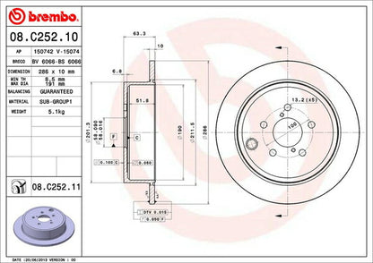 brembo BRAKE DISC スバル レガシィセダン/レガシィB4 BMM 2012/05〜 リア左右セット 08.C252.11