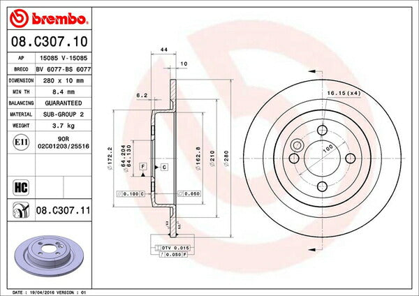 brembo BRAKE DISC MINI R55(クラブマン) MMJCW 2009/06〜2010/09 リア左右セット 08.C307.11