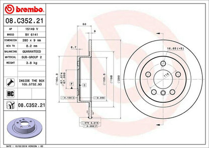 brembo BRAKE DISC BMW I01 1Z00/1Z06 2014/04〜2016/09 リア左右セット 08.C352.21