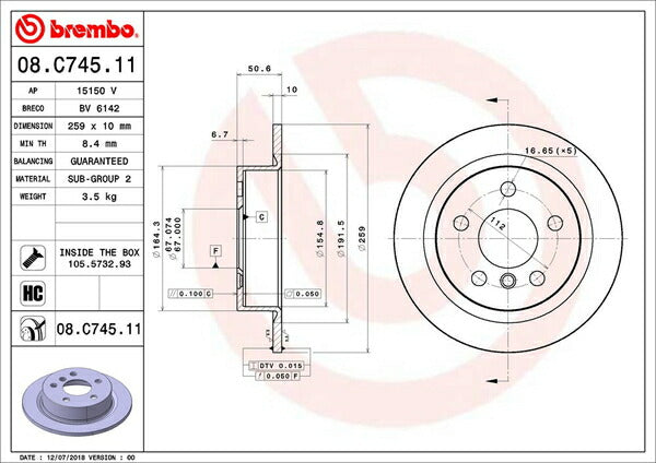 brembo BRAKE DISC MINI F57(コンバーチブル) WG15/WJ15M 2016/12〜 リア左右セット 08.C745.11