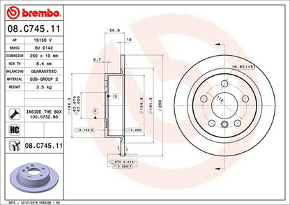 brembo BRAKE DISC MINI F55/F56 XM20/XS20/XN20/XN20M/XT20/XT20M/XU20M/XR20M 2014/04〜 リア左右セット 08.C745.11