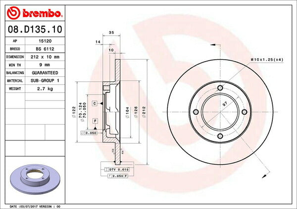 brembo BRAKE DISC ダイハツ ハイゼット S80V/S81V 1986/05〜1990/03 フロント左右セット 08.D135.10