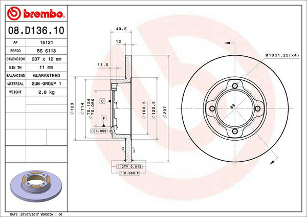 brembo BRAKE DISC ダイハツ ハイゼット S110V/S110P/S110CT/S110W 1994/01〜1998/12 フロント左右セット 08.D136.10