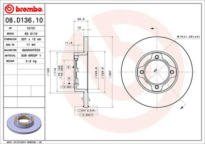 brembo BRAKE DISC ダイハツ ハイゼット S110V/S110P/S110CT/S110W 1994/01〜1998/12 フロント左右セット 08.D136.10