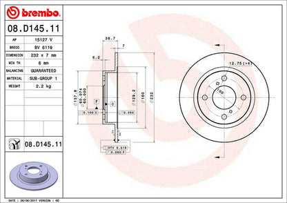brembo BRAKE DISC スズキ アルト HA22S 1998/10〜2004/08 リア左右セット 08.D145.11