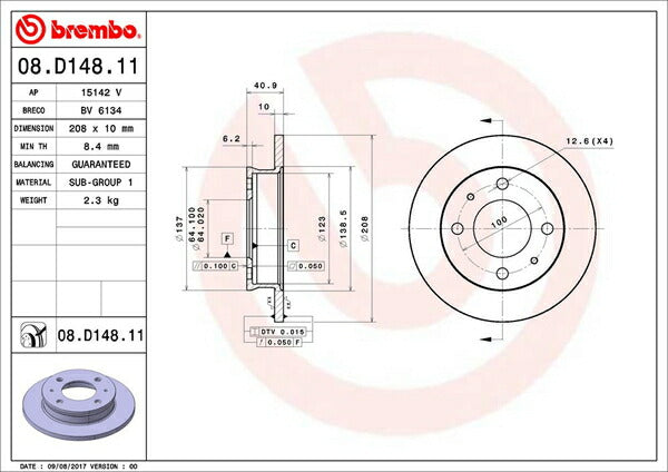 brembo BRAKE DISC ミツビシ ミニカトッポ/トッポBJ H42V/H47V 2001/01〜 フロント左右セット 08.D148.11