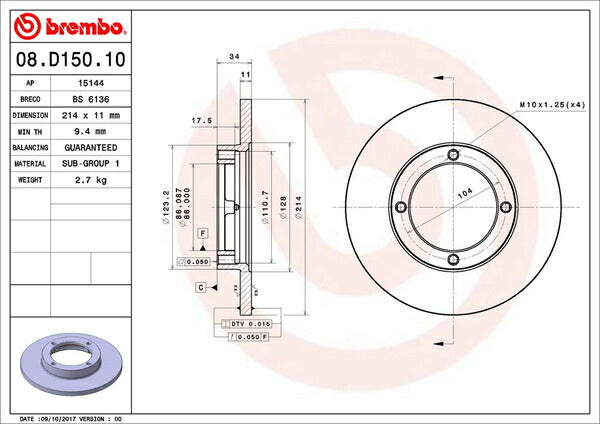 brembo BRAKE DISC ミツビシ ミニキャブ U41T 1990/01〜1999/08 フロント左右セット 08.D150.10
