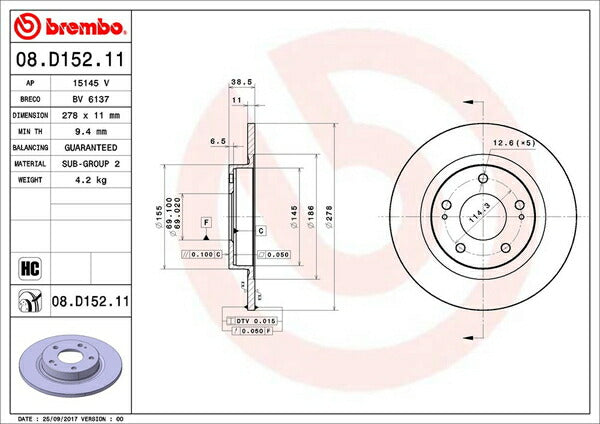 brembo BRAKE DISC ミツビシ パジェロジュニア H57A 1995/10〜1996/11 フロント左右セット 08.D152.11