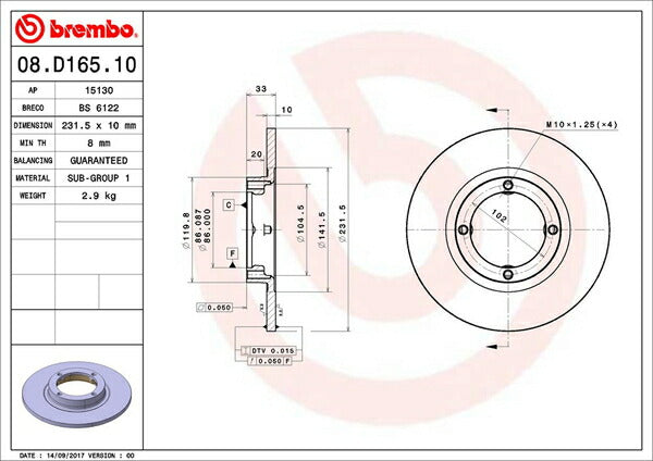 brembo BRAKE DISC マツダ AZ-1 PG6SA 1992/08〜 リア左右セット 08.D165.10