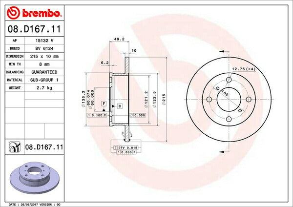 brembo BRAKE DISC マツダ AZワゴン CY51S/CZ51S 1997/04〜1998/09 フロント左右セット 08.D167.11