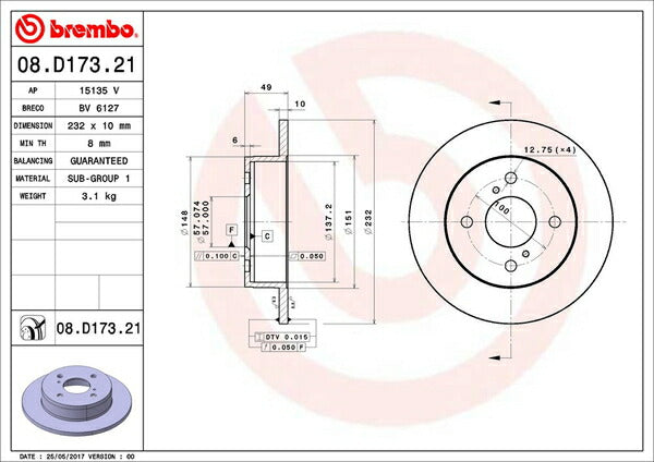 brembo BRAKE DISC スズキ アルト HA21S/HB21S 1994/11〜1998/09 リア左右セット 08.D173.21