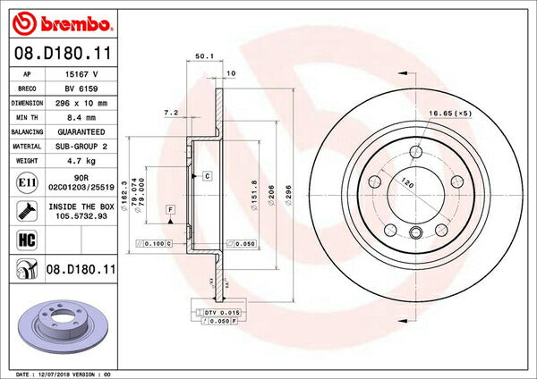 brembo BRAKE DISC MINI R60(クロスオーバー) XDJCW 2011/01〜 リア左右セット 08.D180.11