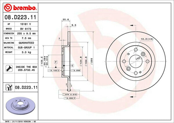 brembo BRAKE DISC マツダ ロードスター/ユーノスロードスター ND5RC 2015/05〜 リア左右セット 08.D223.11