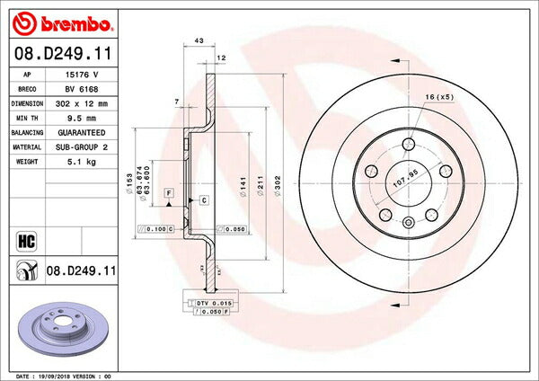 brembo BRAKE DISC VOLVO S90 PB420 2017/12〜 リア左右セット 08.D249.11