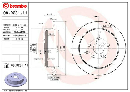 brembo BRAKE DISC レクサス RX350 GGL10W/GGL15W/GGL16W 2008/12〜2015/09 リア左右セット 08.D281.11