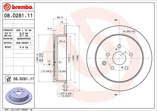 brembo BRAKE DISC レクサス RX450h GYL10W/GYL15W/GYL16W 2008/12〜2015/09 リア左右セット 08.D281.11