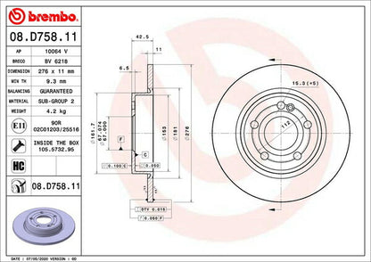 brembo BRAKE DISC MERCEDES BENZ W177 177084 2018/10〜 リア左右セット 08.D758.11