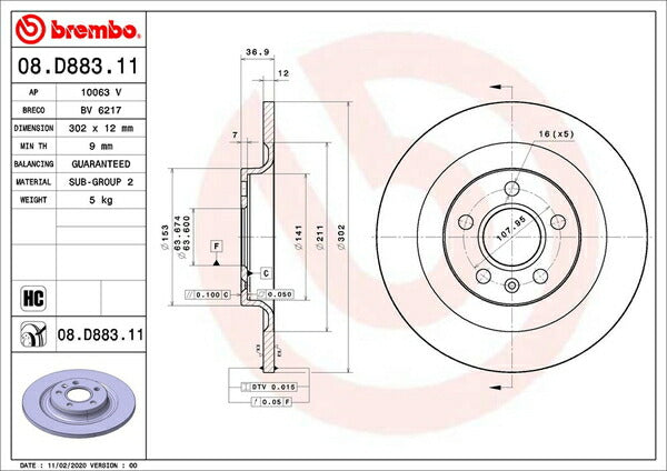 brembo BRAKE DISC VOLVO XC40 2018/03〜2020/07 リア左右セット 08.D883.11