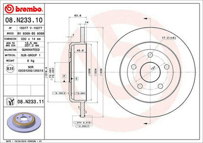 brembo BRAKE DISC JEEP グランドチェロキー WK36/WK36A/WK36T/WK36TA 2011/03〜 リア左右セット 08.N233.11