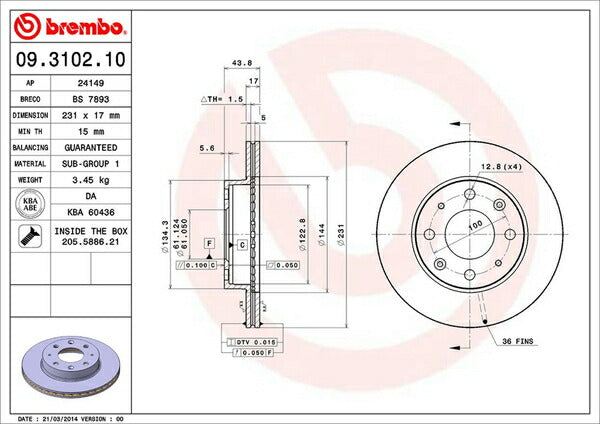 brembo BRAKE DISC ホンダ インテグラ AV 1985/02〜1989/04 フロント左右セット 09.3102.10