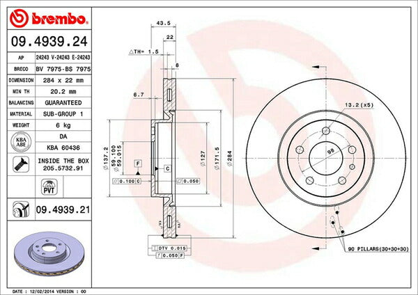 brembo BRAKE DISC ALFA ROMEO GT 93720L 2004/06〜2012/04 フロント左右セット 09.4939.21