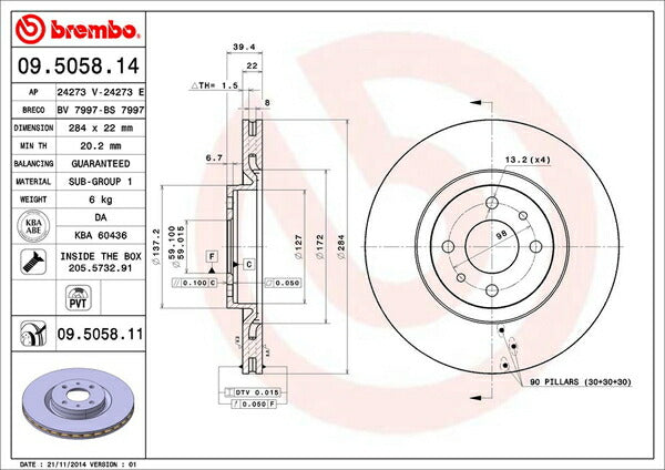 brembo BRAKE DISC FIAT プント 188A1/188A6 2003〜2006/05 フロント左右セット 09.5058.11
