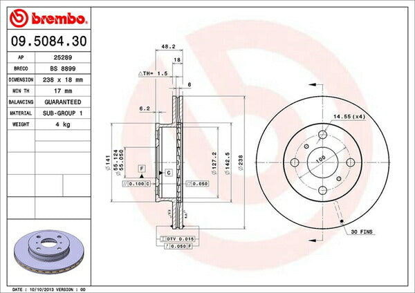 brembo BRAKE DISC トヨタ カローラ/スプリンターバン CE106V/CE107V/EE102V/EE103V/EE106V/EE107V 1991/09〜2002/06 フロント左右セット 09.5084.30