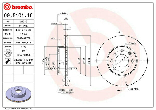 brembo BRAKE DISC ホンダ アコードエアロデッキ CA3 1985/06〜1989/09 フロント左右セット 09.5101.10