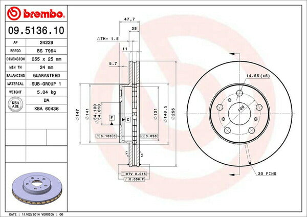 brembo BRAKE DISC トヨタ カムリ SV25 1986/08〜1990/07 フロント左右セット 09.5136.10