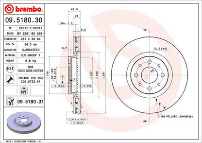 brembo BRAKE DISC ALFA ROMEO ミト 955142/95514P 2010/03〜 フロント左右セット 09.5180.31