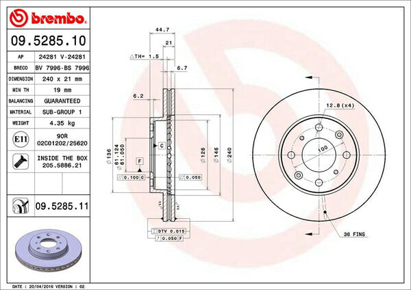 brembo BRAKE DISC ホンダ シビック ES1 2000/09〜2005/09 フロント左右セット 09.5285.11