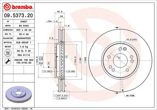 brembo BRAKE DISC MERCEDES BENZ SL R129 129067 1993/10〜1998/07 フロント左右セット 09.5373.20